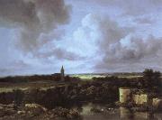 Jacob van Ruisdael, an extensive landscape with a ruined castle and a village church